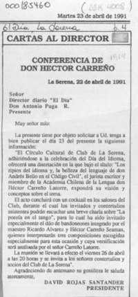 Conferencia de don Héctor Carreño  [artículo] David Rojas Santander.