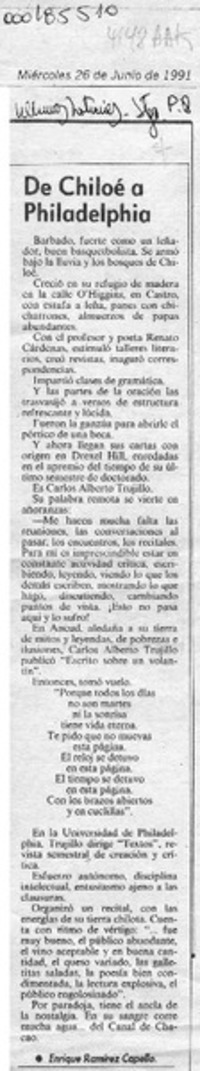 De Chiloé a Philadelphia  [artículo] Enrique Ramírez Capello.