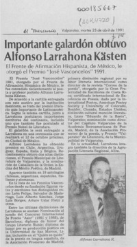 Importante galardón obtuvo Alfonso Larrahona Kästen  [artículo].