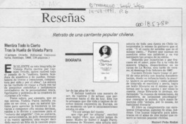 Mentira todo lo cierto, tras la huella de Violeta Parra  [artículo] Manuel Peña Muñoz.