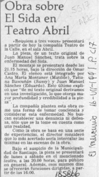 Obra sobre el Sida en teatro Abril  [artículo].