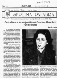 Carta abierta a los amigos Manuel Francisco Mesa Seco y Pedro Olmos  [artículo] Maruja Lagos.