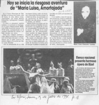 Hoy se inicia la riesgosa aventura de "María Luisa, amortajada"  [artículo].