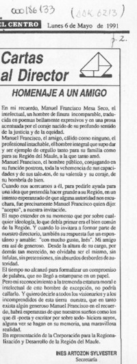Homenaje a un amigo  [artículo] Inés Artozon Sylvester.