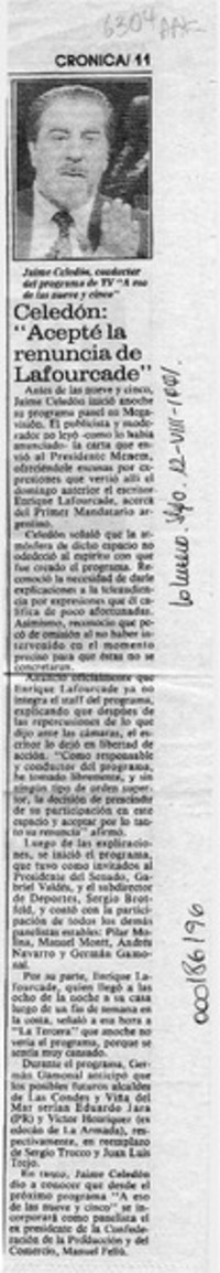 Celedón, "Acepté la renuncia de Lafourcade"  [artículo].