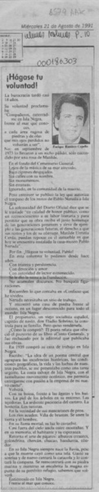 Hágase tu voluntad!  [artículo] Enrique Ramírez Capello.