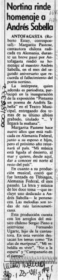 Nortina rinde homenaje a Andrés Sabella  [artículo] Roberto Estay.