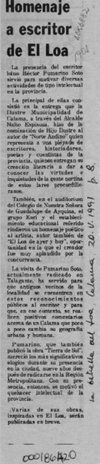 Homenaje a escritor de El Loa  [artículo].