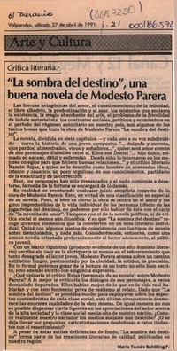 "La sombra del destino", una buena novela de Modesto Parera  [artículo] Mario Tomás Schilling F.