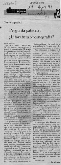 Pregunta paterna, literatura o pornografía?  [artículo] Paz Miranda.