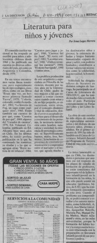 Literatura para niños y jóvenes  [artículo] Irma Lagos Herrera.