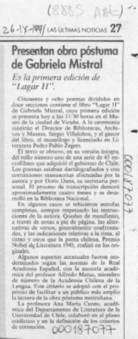 Presentan obra póstuma de Gabriela Mistral  [artículo].