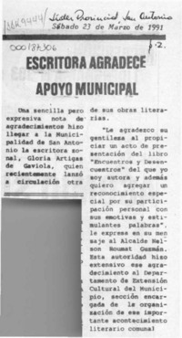 Escritora agradece apoyo municipal  [artículo].