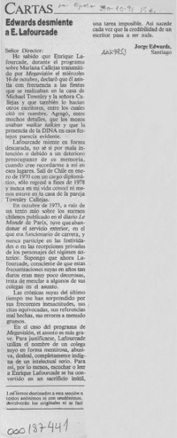 Edwards desmiente a E. Lafourcade  [artículo] Jorge Edwards.