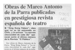 Obras de Marco Antonio de la Parra publicadas en prestigiosa revista española de teatro  [artículo].