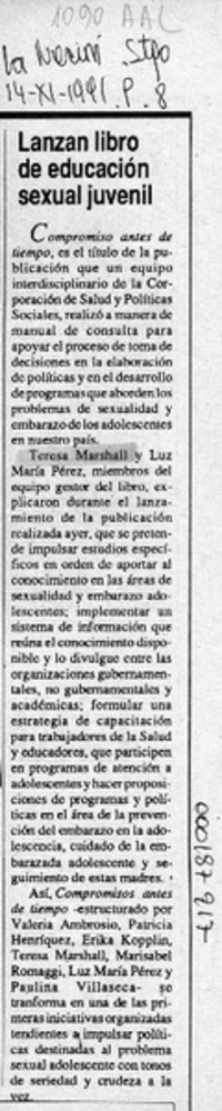 Lanzan libro de educación sexual juvenil  [artículo].