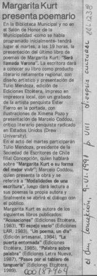 Margarita Kurt presenta poemario  [artículo].