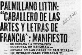 Palmillano Littin, "Caballero de las artes y letras de Francia"; manifiesto  [artículo].