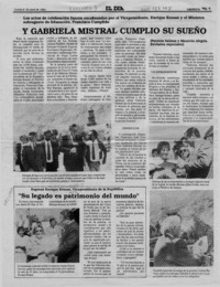 Y Gabriela Mistral cumplió su sueño  [artículo] Patricio Salinas [y] Mauricio Alegría.