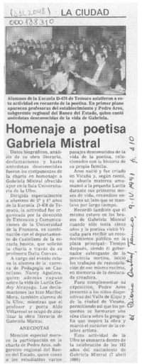 Homenaje a poetisa Gabriela Mistral  [artículo].