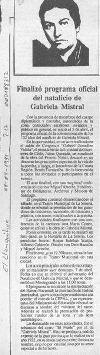 Finalizó programa oficial del natalicio de Gabriela Mistral  [artículo].
