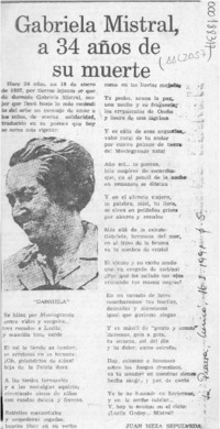 Gabriela Mistral, a 34 años de su muerte  [artículo] Juan Meza Sepúlveda.