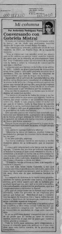 Conversando con Gabriela Mistral  [artículo] Antonieta Rodríguez París.