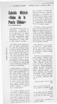 Gabriela Mistral, "reina de la poesía chilena"  [artículo] Valentín Alvarez.