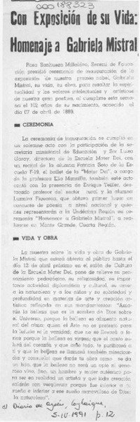 Con exposición de su vida, homenaje a Gabriela Mistral  [artículo].