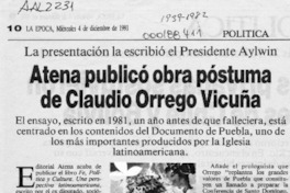 Atena publicó obra póstuma de Claudio Orrego Vicuña  [artículo].