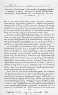 Donación de la colección de libros del prof. Antonio Doddis a la Biblioteca Nacional, discurso de la decano de la Facultad de Filosofía y Humanidades de la Universidad de Chile, prof. Lucía Invernizzi  [artículo] Lucía Invernizzi Santa Cruz.