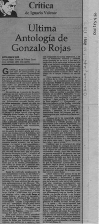 Ultima antología de Gonzalo Rojas  [artículo] Ignacio Valente.