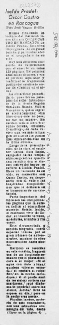 Isolda Pradel, Oscar Castro en Rancagua  [artículo] José Vargas Badilla.