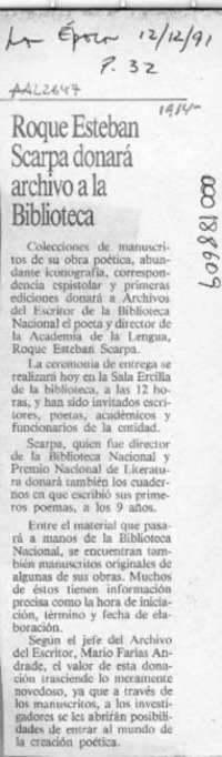 Roque Esteban Scarpa donará archivo a la Biblioteca  [artículo].