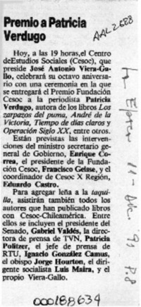 Premio a Patricia Verdugo  [artículo].