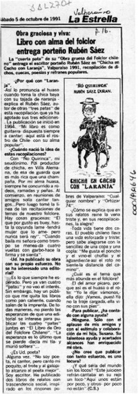 Libro con alma del folclor entrega porteño Rubén Sáez  [artículo] C. S.