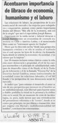 Acentuaron importancia de libraco de economía, humanismo y el laburo  [artículo].