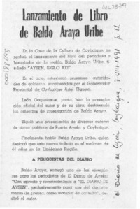 Lanzamiento de libro de Baldo Araya UIribe  [artículo].