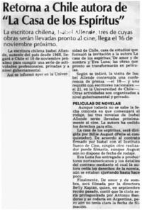 Retorna a Chile autora de "La casa de los espíritus"