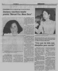 Doctora y escritora resaltó premio "Manuel Fco. Mesa Seco"  [artículo] Miguel Angel Venegas.