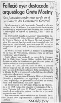 Falleció ayer destacada arqueóloga Grete Mostny  [artículo].