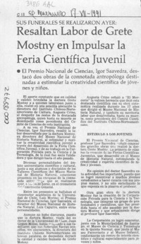 Resaltan labor de Grete Mostny en impulsar la Feria Científica Juvenil  [artículo].