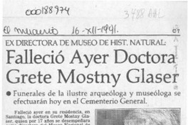 Falleció ayer doctora Grete Mostny Glaser  [artículo].