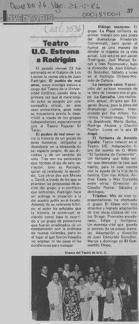Teatro UC estrena a Radrigán  [artículo].