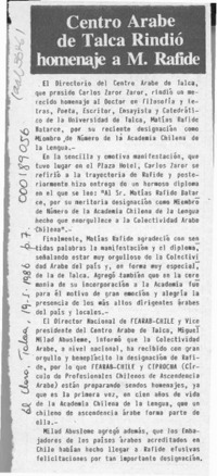 Centro Arabe de Talca rindió homenaje a M. Rafide  [artículo].
