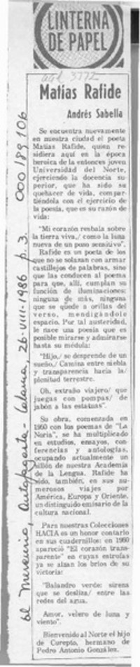 Matías Rafide  [artículo] Andrés Sabella.