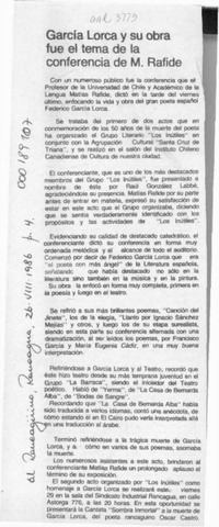 García Lorca y su obra fue el tema de la conferencia de M. Rafide  [artículo].