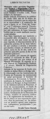Manuales sobre previsión, organización sindical y negociación colectiva  [artículo] Osvaldo Torres-Ahumada.