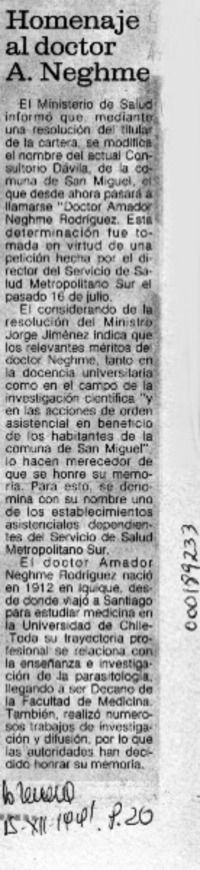 Homenaje al doctor A. Neghme  [artículo].