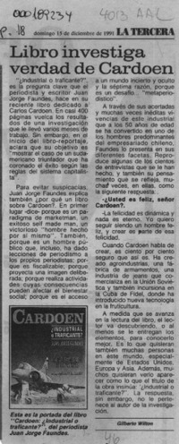 Libro investiga verdad de Cardoen  [artículo] Gilberto Wilton.
